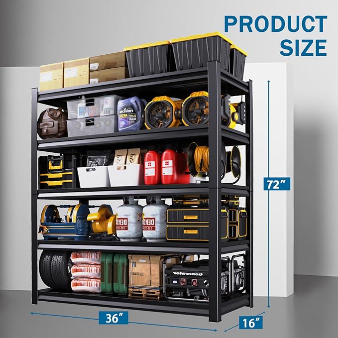 72''H Garage Shelving Heavy Duty 5-Tier Adjustable Storage Shelves Unit,3000 LBS Metal Utility Rack Shelf for Industries, Warehouses, Basement,Black (72''H x 36''W x 16''D)