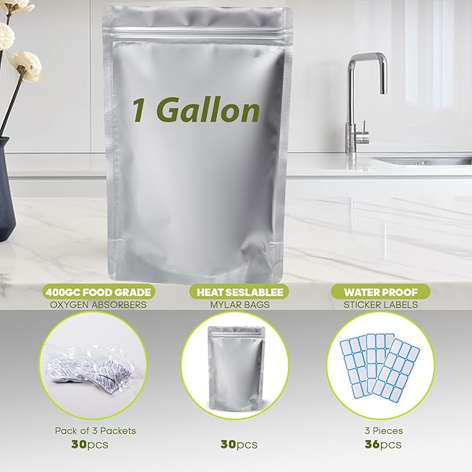 30pcs 1 Gallon Mylar Bags for Food Storage with Oxygen Absorbers 400cc and Labels, Extra Thick 10 Mil - 10x14 Inch Zipper Pouches Resealable for Long Term Food Container Sets - Heat Sealable