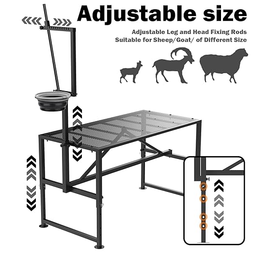 600 Lbs Goat Milking Stand with Feed Bin, Livestock Stand for Sheep Trimming Hooves, Goat Stantion Metal Black with Adjustable Head Piece and Legs, Large Size