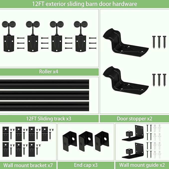 12FT Black Box Rail Exterior Barn Door Hardware Track Kit for 2 Doors, Heavy Duty Barn Door Track Set, Wall Mount Outdoor Weatherproof Double Door Hardware with 7 Track Brackets(No Doors