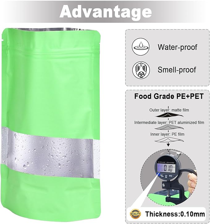 7.1"x10.2" 1 Quart 120pcs Mylar Bags for Food Storage,Smell Proof Bag with Matte Window Resealable Food Storage Bags for Small Business, Stand-up Foil Pouch Packaging Freeze Dried Bag(Light Green)