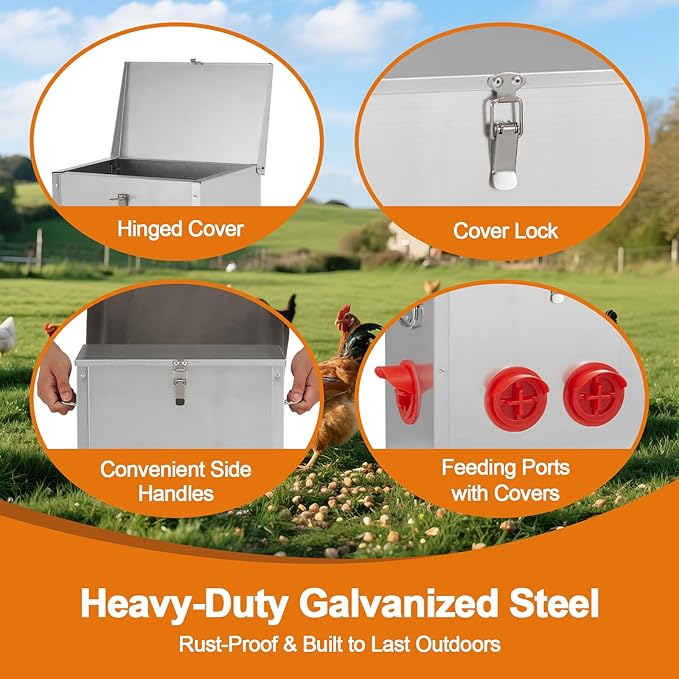 Automatic Chicken Feeder 25lbs Capacity, Galvanized Metal Poultry Feeding Equipment with 4 Ports, Rainproof & Rodent Proof Chicken Food Dispenser for Backyard Coop & Farm Use