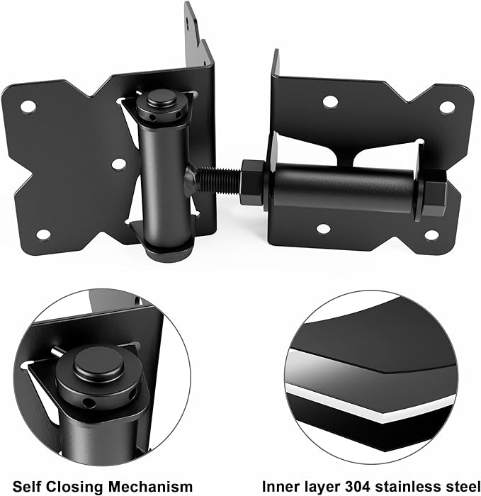 WINSOON Stainless Steel Self Closing Gate Hinge and Latch Hardware Kit, Heavy Duty Adjustable Tension Gate Hinges 4-Pack & 2-Automatic Latch, Gate Hardware Kit for Wood/Vinyl Fence Gate