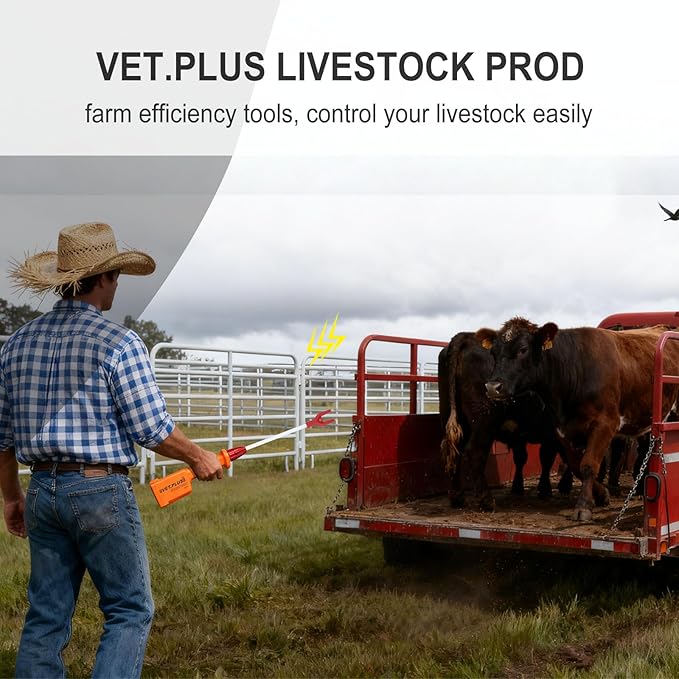 VET.PLUS Portable Cattle Prod Waterproof Livestock Prod for Cows Cattle Hogs Rechargeable Animal Prod for Big Large Dogs, Shaft Length 13", Total Length 23 1/2 inch