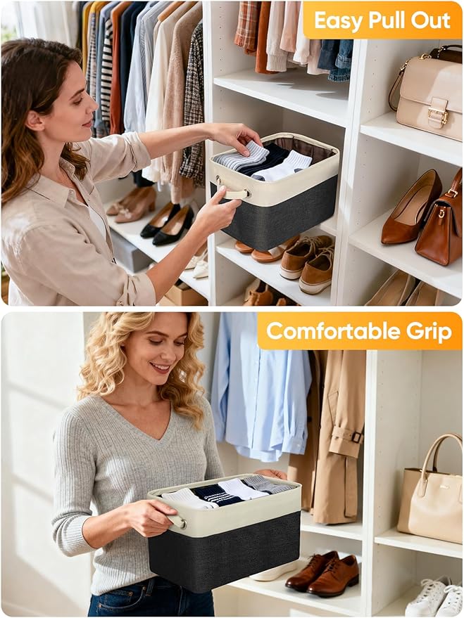 BALEINE 4 Pack Fabric Storage Bins for Shelves, Linen Storage Baskets for Organizing, Decorative Closet Bins for Clothes, Home (Black, 14''x10''x8.5'')