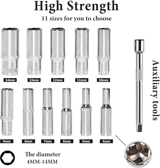Egofine 13PCS 1/4" Drive Deep Socket Set,Metric(4-14MM),6-Point, Cr-V Steel