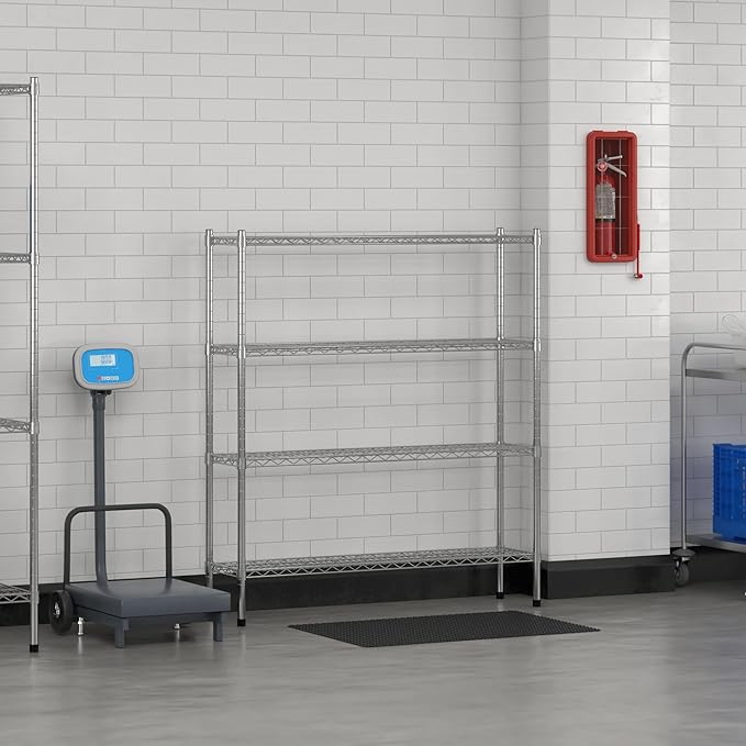 Commercial NSF Listed Chrome Stationary Wire Shelving Kit 12" x 48" x 54", with 4 Shelves Perfect for Warehouse, Walk-in Refrigerator, Freezer, Grocery Store, Restaurant, Dishroom