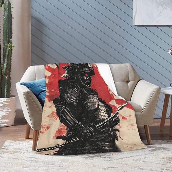 Japanese Samurai Throw Blanket Asian Warrior Flannel Blankets Japan Bushido Fuzzy Plush Super Soft Cozy Warm Decor Gifts for Boys Girls Kids Adults Men Women 50" x 60"