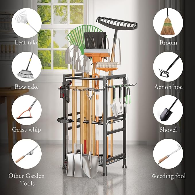 Garden Tool Organizer Storage Metal Yard Tool Organizer Heavy Duty Garden Tool Rack Stand with Extra Hooks, Up To 35 Long Handled Shovels/Rakes/Brooms Holder for Garage,Shed,Outdoor(Black)