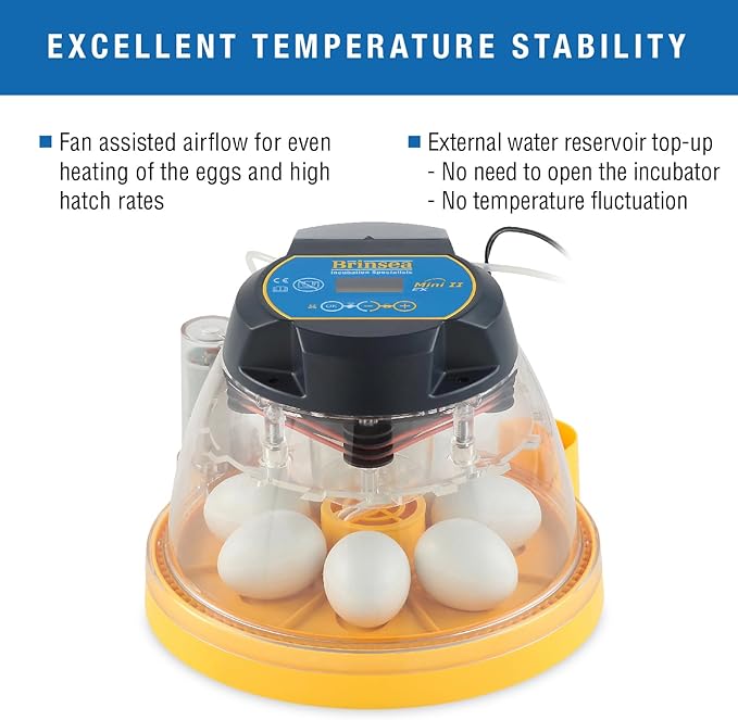 Brinsea Mini II EX Egg Incubator with Automatic Humidity Control and Egg Turning for Hatching 7 Chicken, Duck, Other Bird Eggs, Precision Digital Controls, Temperature Alarms
