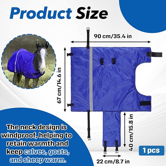 Calf Blanket - Suitable for Calves, Goats, and Sheep, Windproof and Insulated Design, Thickened Belly and Neck Protection, Adjustable Size for Complete Warmth and Comfort - 1 Piece (Blue)
