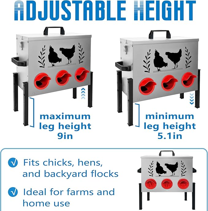 Chicken Feeders, 30 lb Capacity 6 Port Automatic Chicken Feeder, Metal Chick Feeder with Locking Lid and Legs, Chicken Feeder for Chickens, Ducks, Geese，Silver