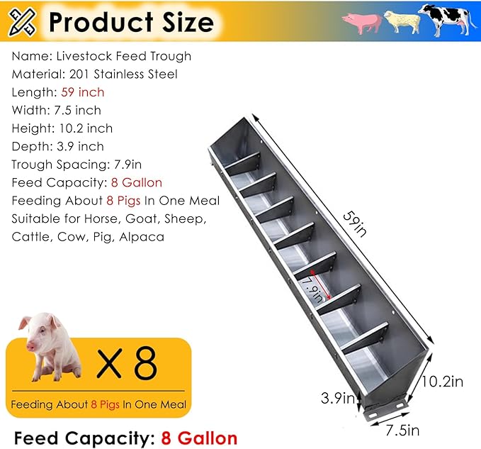 Heavy Duty 2 in 1 Livestock Feed Trough for Pigs, Sheep, Cattle & Goats - Stainless Steel Hanging Feeder with Sloped Opening, 59" Long, Easy Access for Farm Use