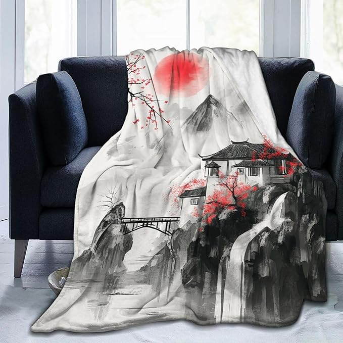 Japanese Throw Blanket Splash Red Cherry Blossom Gifts for Girls Women Men Boys Plush Cozy Flannel Fleece Fuzzy Landscape Blankets 50"X40"