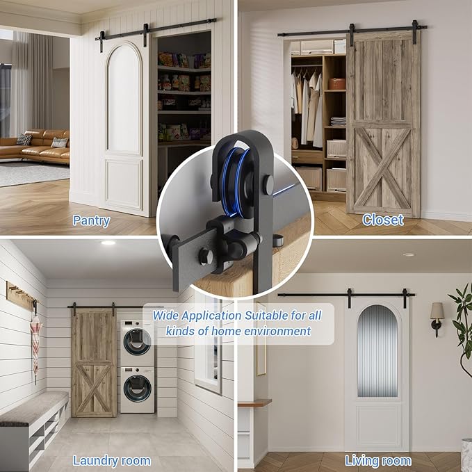CCJH 12FT Single Sliding Barn Door Hardware Kit Black Basic Roller Carbon Steel Hanger Flat Track System for Closet Kitchen 1 Door 72 inch Wide