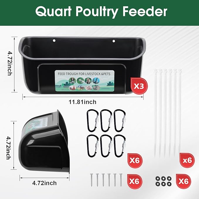 3 Pack Chicken Duck Feeder, Poultry Feeders and Waterers, Hanging Goat Feeder, Livestock Feeding Container, Feed Trough and Waterer Bucket with Clips(Black)