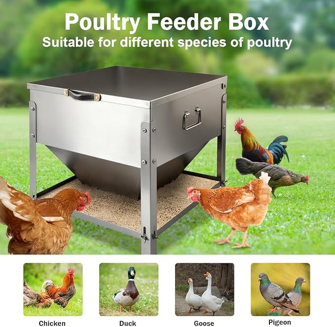 Stainless Steel Chicken Feeder No Waste, Large Capacity Poultry Feeder, Adjustable Metal Chicken Coop Feeder with Lid and Handle