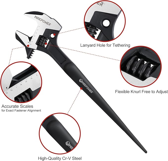 MAXPOWER 16-inch Adjustable Construction Spud Wrench, 4 in 1 Multifunctional Use for Spud Wrench, Adjustable Wrench and Hammer, Max Jaw Capacity Ups to 1.57"