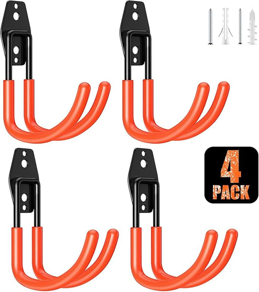 4 Pack Heavy Duty Garage Hooks,Solid Steel Wall Mount Hangers,with Anti-Slip Coating,for Hanging and Organising Ladder,Bike,Ropes,Broom,Garden,Yard and Power Tools(5.5x4.1 inch)