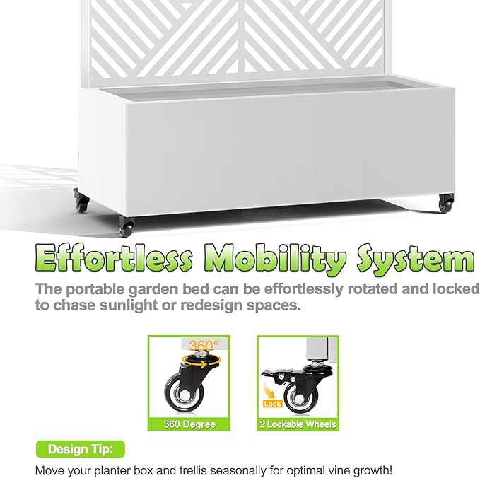 15.7"×70.9"×35.4" Metal Raised Garden Bed with Trellis and Wheels - Tall Trellis Planter Box for Climbing Plants, Vegetables & Vines - Outdoor Privacy Planters for Patio (White-Zodiac)