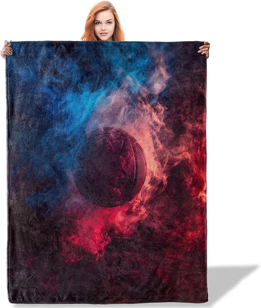 Fiery Basketball Throw Blanket 40"x50", Sports-Themed Blankets for Game Room Bedroom Decor, Soft Flannel Polyester Warm Cozy Gifts for Kids Adults