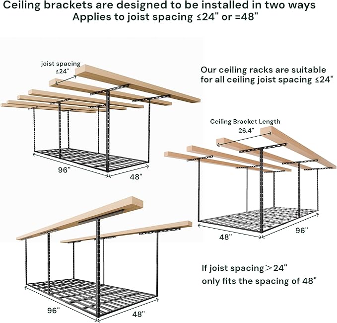 SunsGrove 4x8 Garage Storage Overhead Rack Organization, Adjustable Ceiling Mounted Storage Racks, 800LBS Weight Capacity, 22"-40" Ceiling Dropdown, 2 Pcs, Black