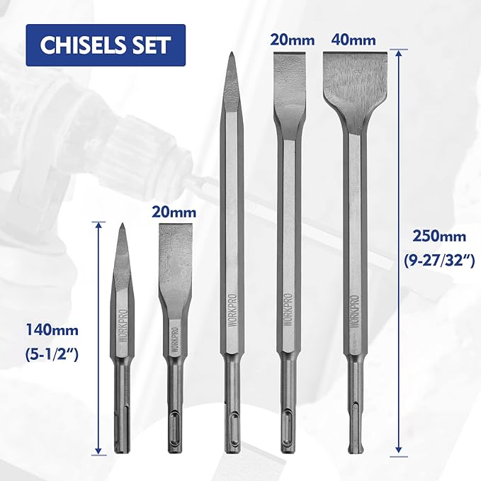 WORKPRO 17-Piece SDS-Plus Rotary Hammer Drill Bits and Chisel Set, Carbide-Tipped Masonry Drill Bits and Chisels for Concrete, Stone, Brick, with Storage Case