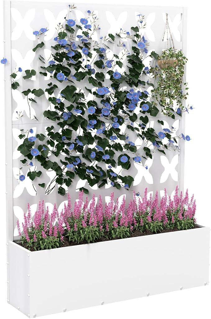 Metal Planter Box with Trellis,70.9"x47.2"x15.7" Raised Garden Bed with Drainage Holes, Privacy Planters for Outdoor Garden Bed for Climbing Plants,Vegetables,and Vines, White-X