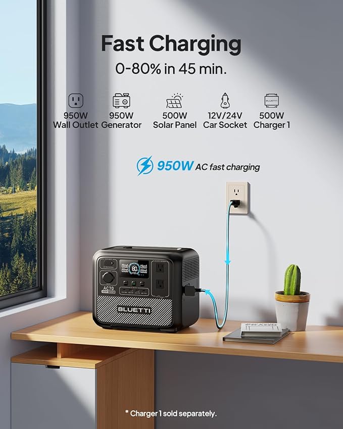 BLUETTI AC70 Solar Generator with 200W Solar Panel (Ships Separately), 768Wh Portable Power Station with 2 1000W (Power Lifting 2000W) AC Outlets, 0-80% in 45 Min, LFP Backup Power for Camping, Travel