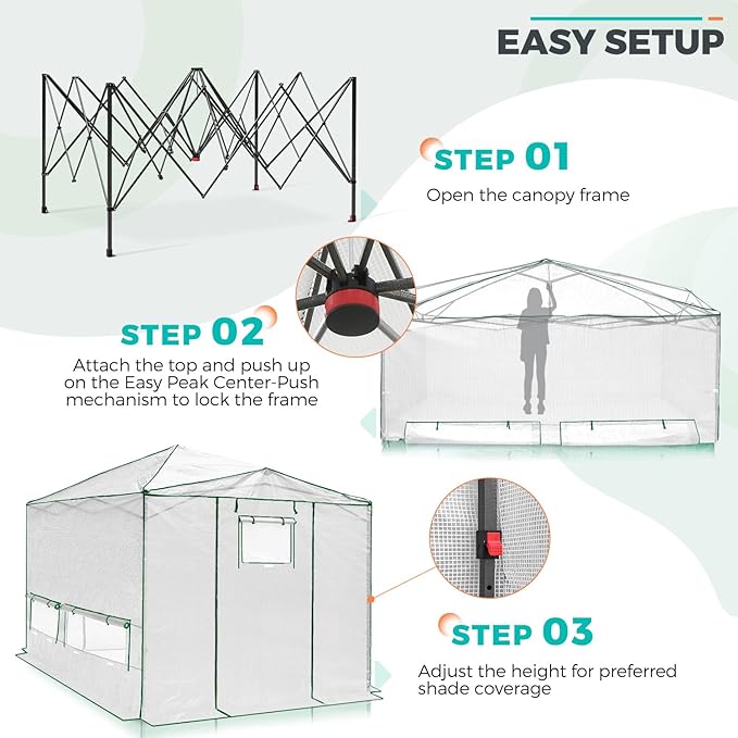 EAGLE PEAK Instant Pop-up Greenhouse, Indoor Outdoor Plant Gardening Green House, Roll-Up Zipper Doors & Side Windows - Winter Support Pole, Walk in 12x8 ft, White/Clear