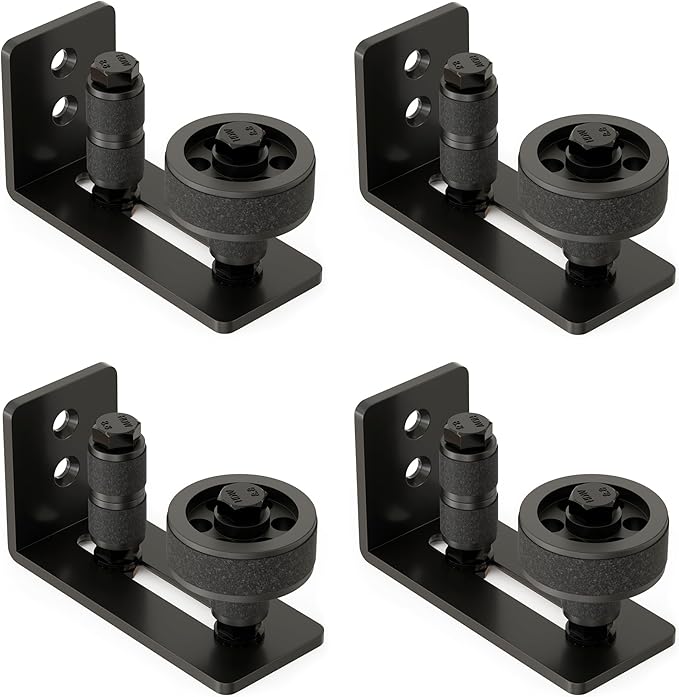 Barn Door Floor Guide, Wall Mounted Barn Door Rollers for Bottom Adjustable Roller, 8 Setup Options Sliding Door Guide, Adjustable Stay Roller with Flush Design and Felt Strips, Black, 4 Pack