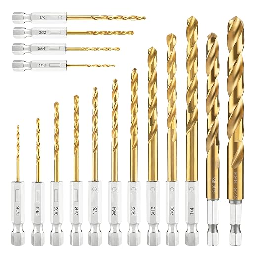 amoolo Hex Shank Drill Bit Set, 16pcs Titanium HSS Twist Impact Drill Bit Set for Metal, Steel, Wood, Plastic, Quick Change Design (1/16”-3/8”)