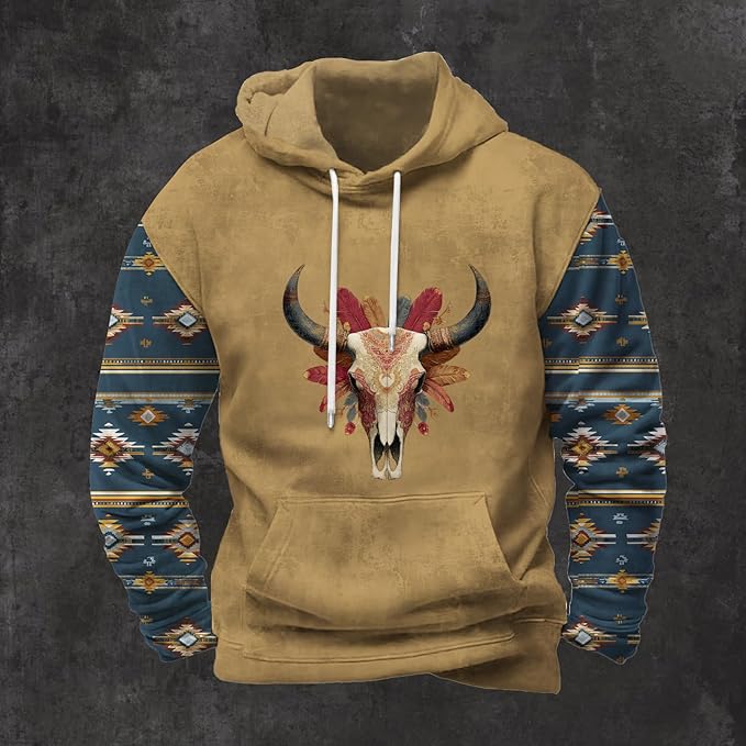 Mens Hooded Sweatshirt Vintage American Element Long Sleeve Fall Hoodie Classic Drawstring Front Pocket Pullover