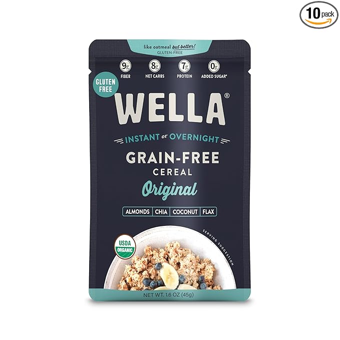 Wella Cereal Oatmeal Alternative, Gluten-Free Breakfast Hot Cereal, Grain-Free Paleo Organic Vegan High Protein Superfood, Plant-Based Non-GMO, Low in Net Carbs, Single-Serve Packets, Original Flavor (10 Count, 1.6 oz. Packets)