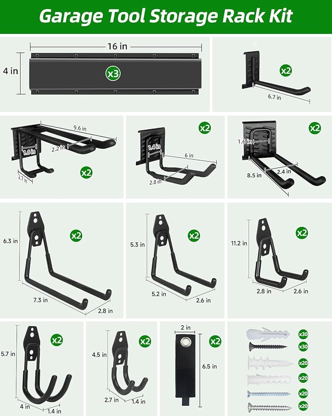Garden Tool Organizer 48 in with 18 Garage Hooks, Heavy Duty Garage Wall Hooks for Hanging Ladder, Bike, Tool Storage Rack for Yard Tools, Shovel, Shed (23 Pack)