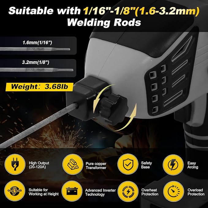 Handheld Welder 110V ARC Portable Stick Welding Machine 20PCS Electrodes IGBT Inverter 20-120Amps Stepless Current 1/16"-1/8" Electrodes Home Repair DIY Work for Beginner (Grey)