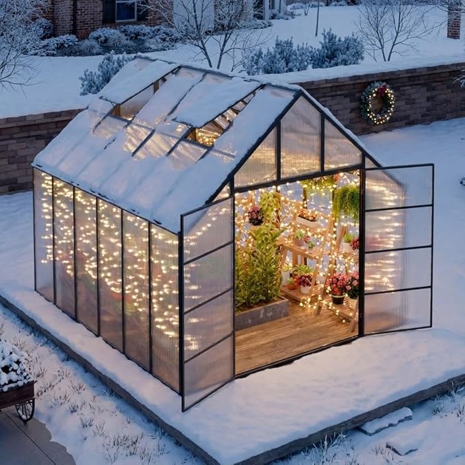10x10x12 FT Heavy-Duty Greenhouse 2.0 with Polycarbonate Panels, Swing Door, Hinged Roof Vent, and Rain Gutters for Outdoor Use, Aluminum Black