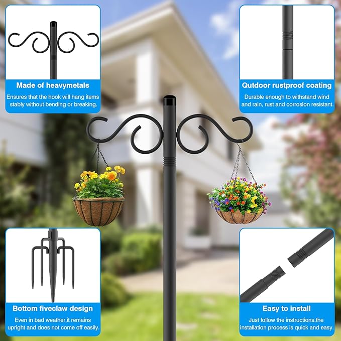 Adjustable Shepherd Hooks for Outdoor,1 Pack 90 Inch 5 Prong Base Bird Two Sided Feeder Poles,Heavy Duty Shepherds Hook,Suitable for Garden in Hanging Flower Basket,Lantern,Bird Nests(1 Pack 90 inch)