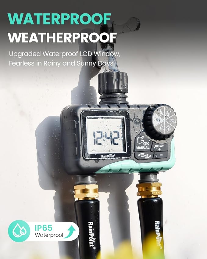 RAINPOINT Sprinkler Timer 2 Outlet, Water Timer for Garden Hose, Programmable Drip Irrigation Timer for Yard Outdoor Watering, Rain Delay/Manual/Automatic System Controller 2.5" LCD, V2, 2023 Release