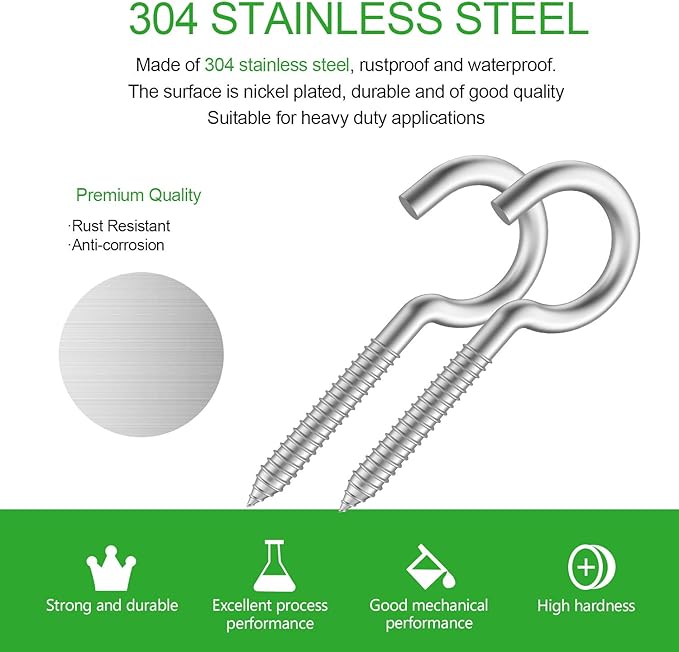 Pack of 20 Metal Eye Screws, 304 Stainless Steel Hooks, Self-Tapping Eye Ring Bolt, Strong Indoor (2-3/4")