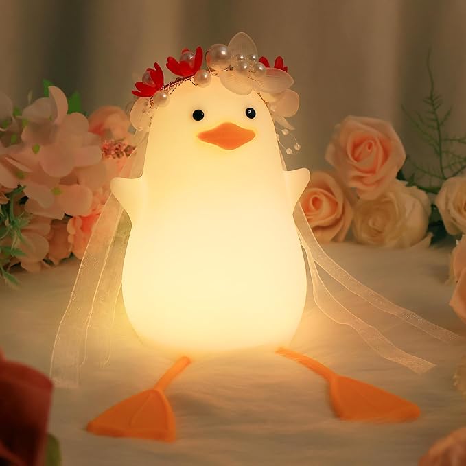 Benson Bride Duck Night Light - Cute Duck Lamp with Flower Headpiece, Warm Dimming Light & Timer Room, Birthday, Xmas, Baptism Gifts for Baby Boys & Girls
