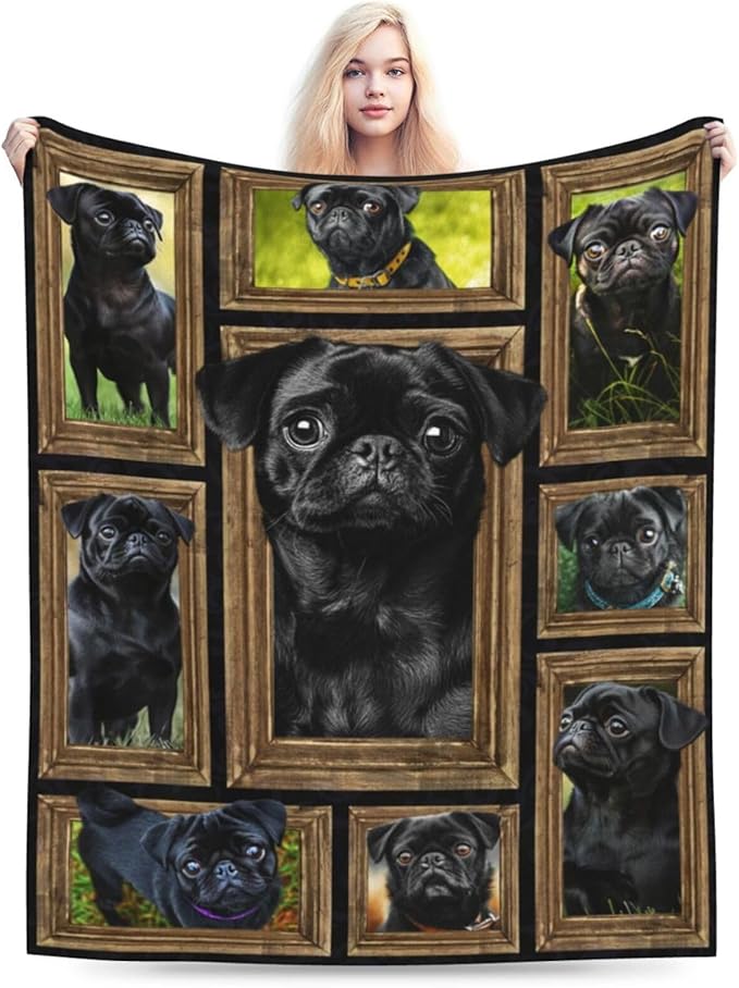 Black Pug Blanket Pug Dog Blankets Fleece Plush Flannel Super Soft Cozy Warm Lightweight Cute Pugs Dogs Decor Gifts for Boys Girls Kids Adults Men Women 60" x 80"