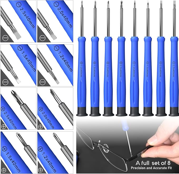 Eye Glasses Repairing Kit, MINGFIX Magnetic Eyeglass Repair Tool Set with Multiple Size Screws,8 Precision Screwdrivers,Nose Pads,Ear Grips and Tweezer with Travel Case for Glasses,Sunglasses