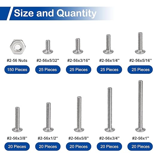 350Pcs #2-56 Phillips Pan Head Machine Screws Assortment Kit 304 Stainless Steel Assorted Nuts and Bolts Fully Machine Thread(#2-56x5/32, 3/16", 1/4", 5/16", 3/8", 1/2", 5/8", 3/4", 1")