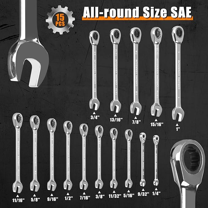Egofine 15-piece SAE Ratcheting Wrench Set, SAE 1/4" to 1" Chrome Vanadium Steel, 12-Point, 72-Teeth Open End and Box End Combination Tool with a Roll Up Storage Bag
