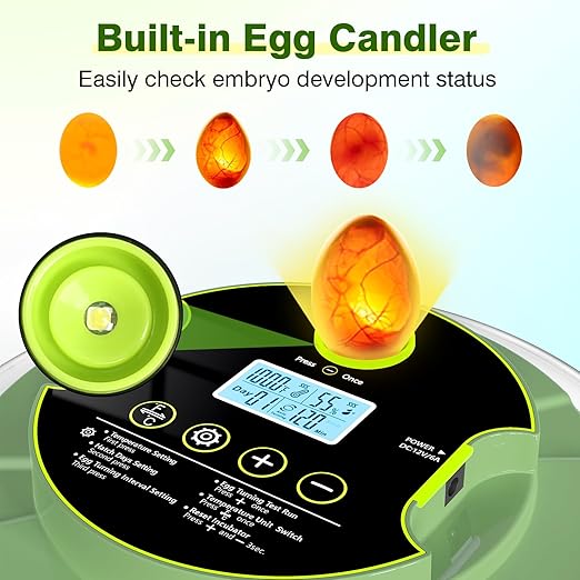 18 Chicken Egg Incubator with Temperature Control, Humidity Display, Auto Egg Turner, Egg Candler, 2 Size Egg Trays, Chick Incubaotrs for Hatching Eggs Digital Incubator for Chicken, Duck Eggs