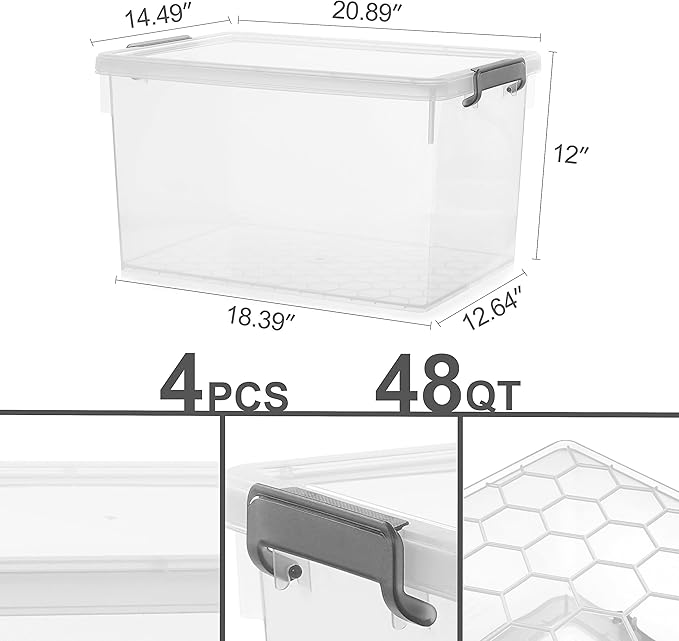 Citylife 48 Qt. Plastic Storage Bins with Lids Large Stackable Storage Containers for Organizing Clear Durable Storage Box, 4 Packs