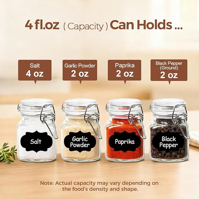 ComSaf 4 oz Glass Jars with Lid, Set of 12 Mini Airtight Glass Jars, Spice Jars, Small Mason Jar, Canning Jar Square with Seal Wire Clip Fastening, Labels & Funnels for Jam, Honey, Kitchen, Wedding