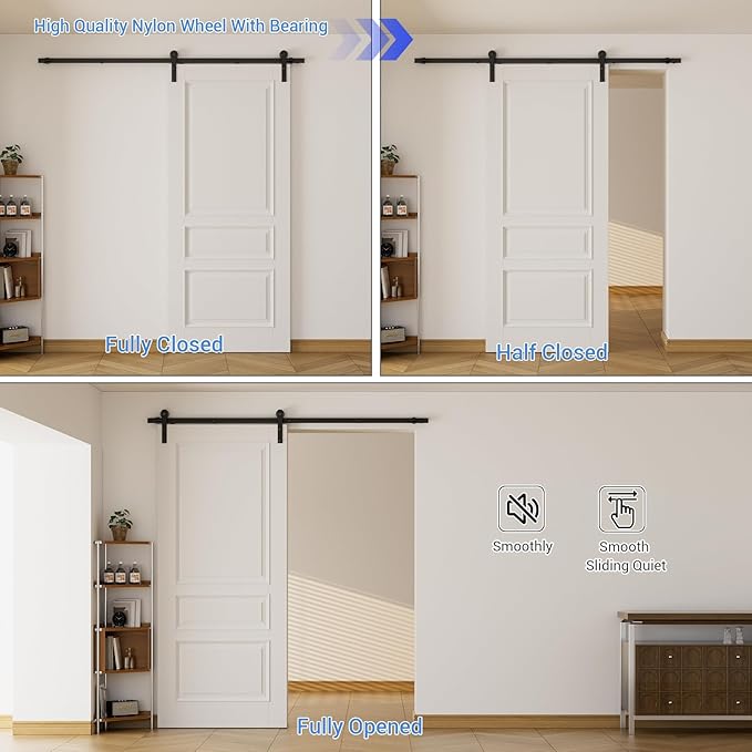 CCJH 8FT Single Sliding Barn Door Hardware Kit Black Carbon Steel Hanger Flat Track System for Closet Kitchen 1 Door 48 inch Wide, Smoothly and Quietly I Shape Roller