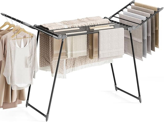 APEXCHASER Clothes Drying Rack Foldable, Large Drying Rack Clothing, Winged Laundry Rack Folding Indoor Outdoor, Metal Clothes Airer for Bedding Towel Sweater Heavy Duty, 68.9" X 22" X 41.3", Black